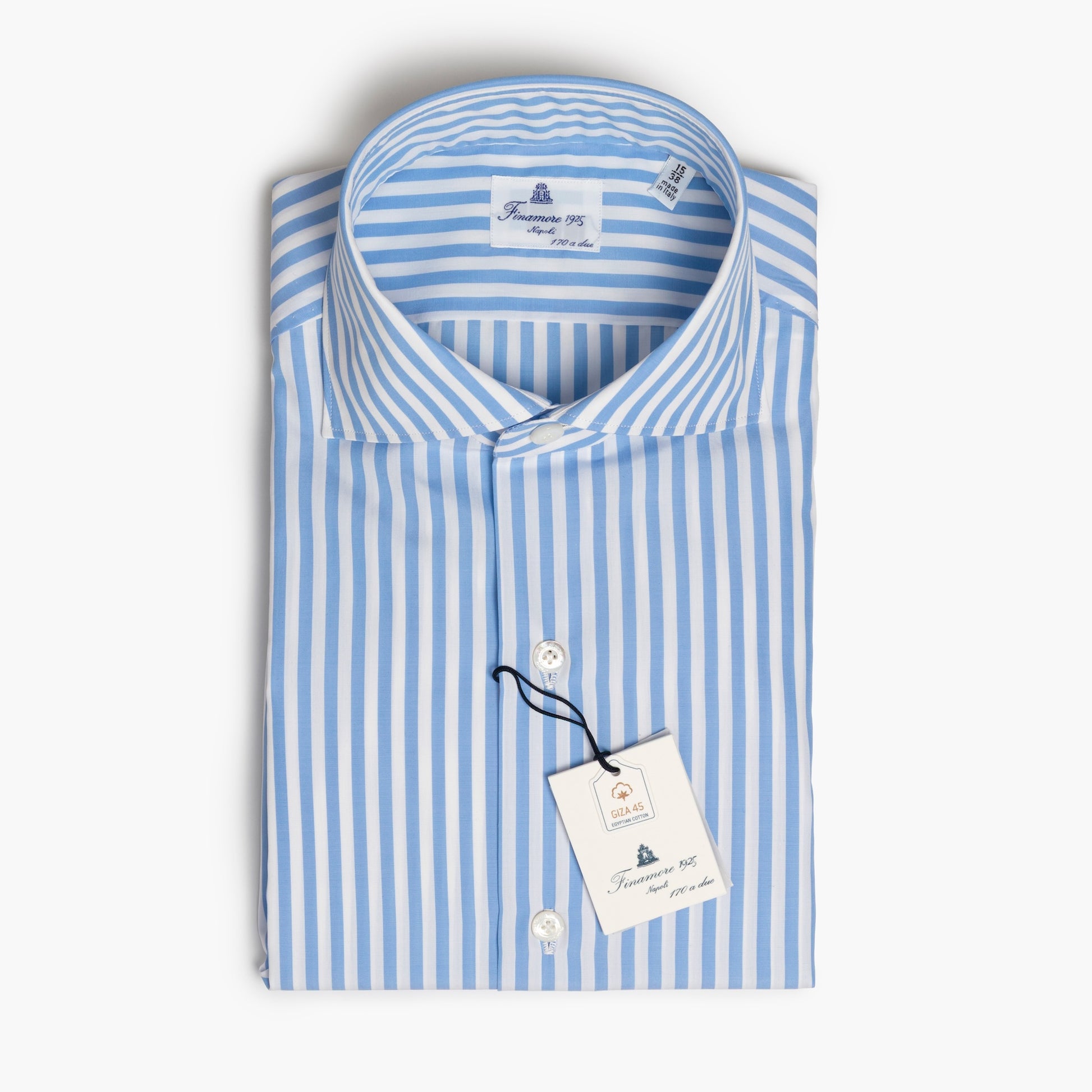 Camicia Uomo FINAMORE Napoli 1925 Modello Milano Collo Eduardo Art. C0745Z in Esclusivo Cotone Giza 45 170 a 2 Righe Bianco Celeste