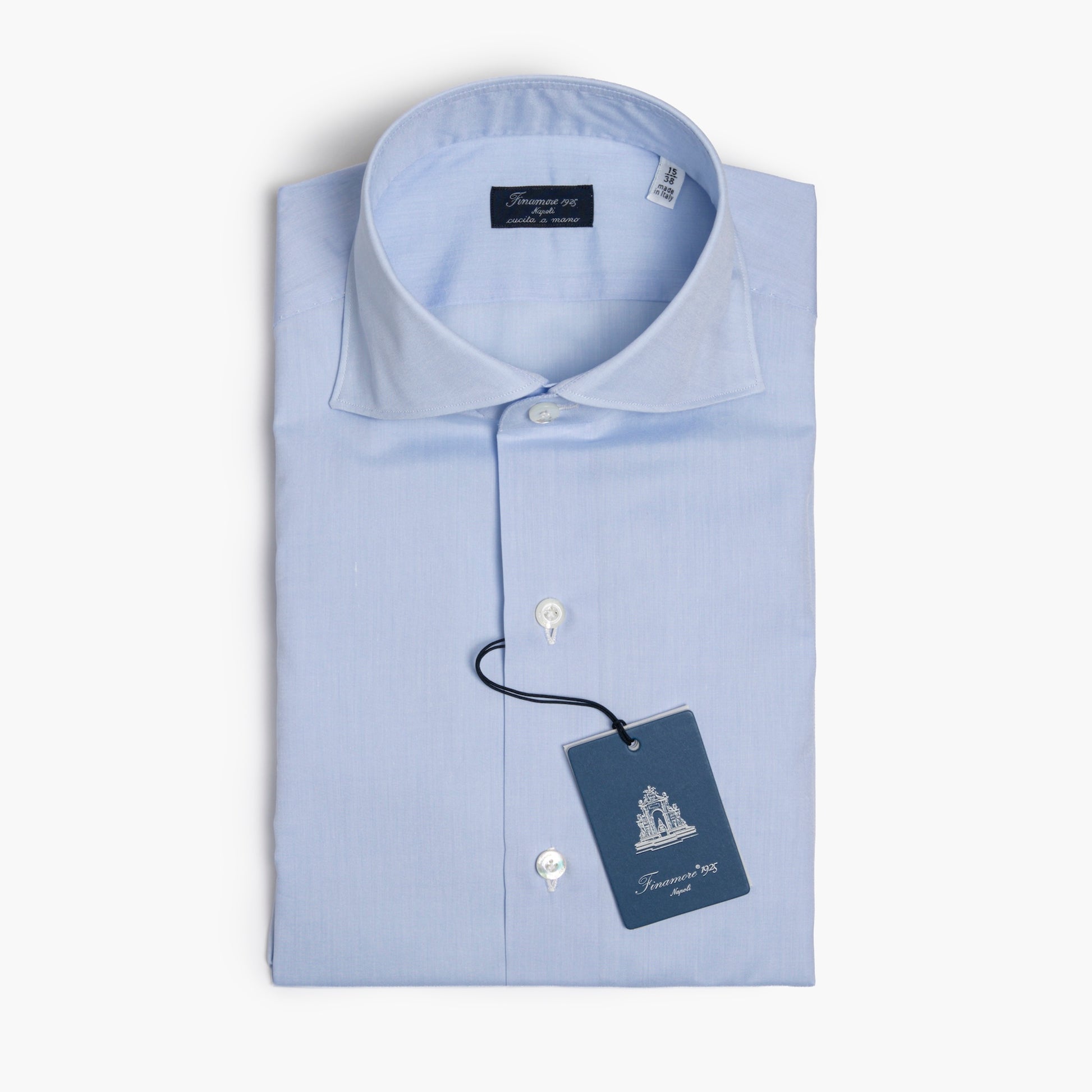 Camicia Uomo FINAMORE Napoli 1925 Modello Milano in Cotone Zephyr Celeste Art. 470002 C0216 Collo Eduardo