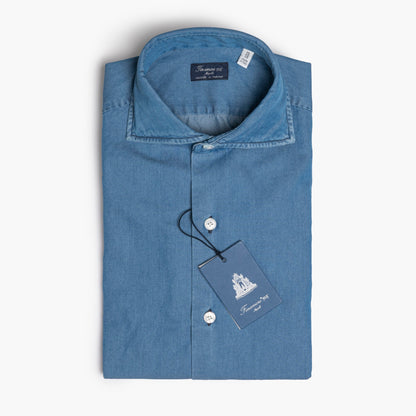 Camicia Uomo FINAMORE Napoli 1925 Modello Napoli Collo Eduardo Art. 045979 C0160D in Cotone Denim 120 a 2 Medio