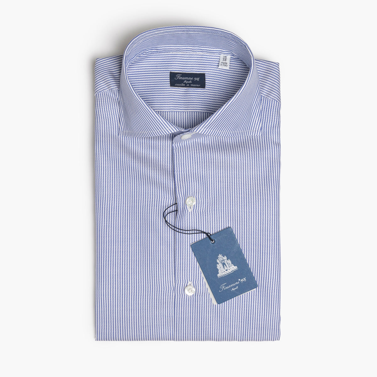 Camicia Uomo FINAMORE Napoli 1925 Modello Napoli Collo Eduardo Art. 470036 C0679 in Cotone Royal Oxford 120 a 2 Righe Bianco Azzurro