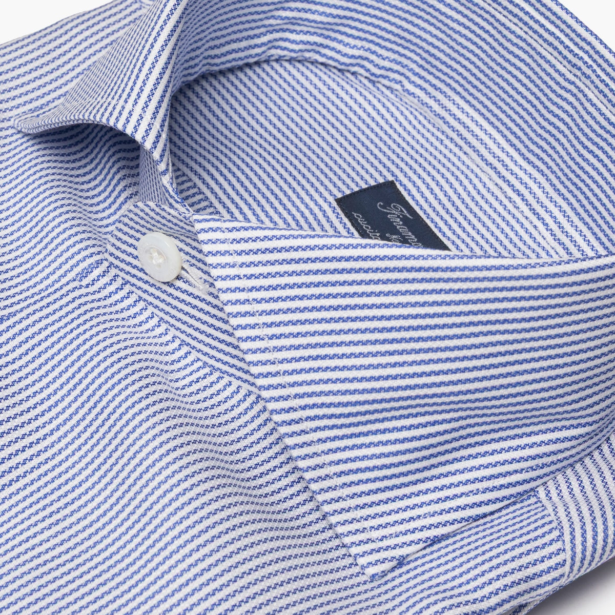 Camicia Uomo FINAMORE Napoli 1925 Modello Napoli Collo Eduardo Art. 470036 C0679 in Cotone Royal Oxford 120 a 2 Righe Bianco Azzurro