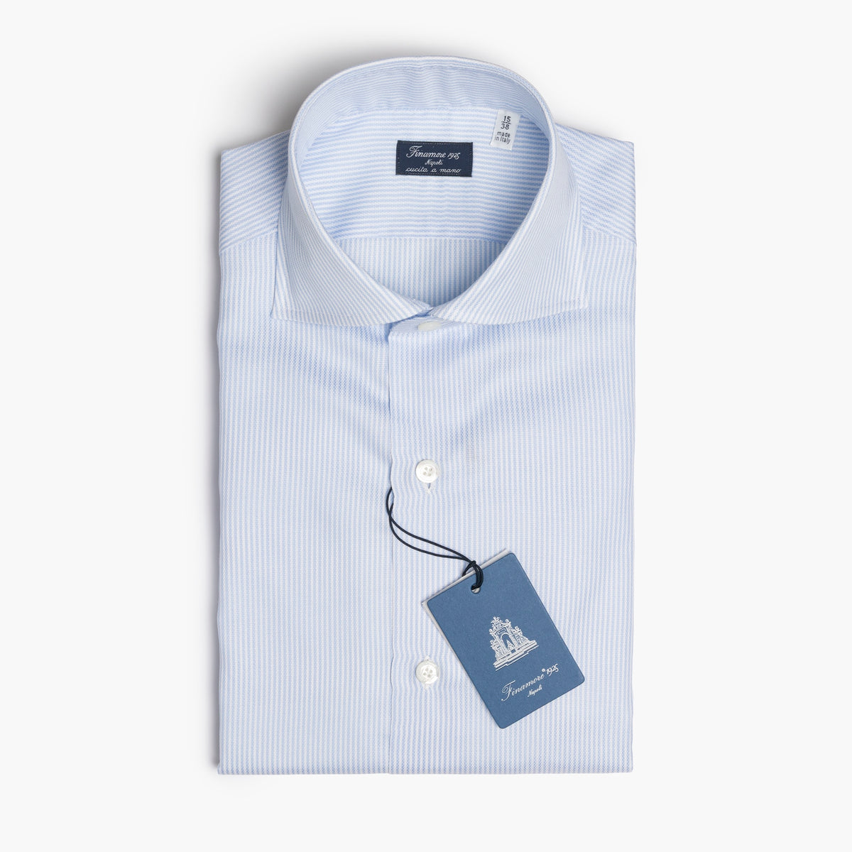 Camicia Uomo FINAMORE Napoli 1925 Modello Napoli Collo Eduardo Art. 470036 C0679 in Cotone Royal Oxford 120 a 2 Righe Bianco Celeste