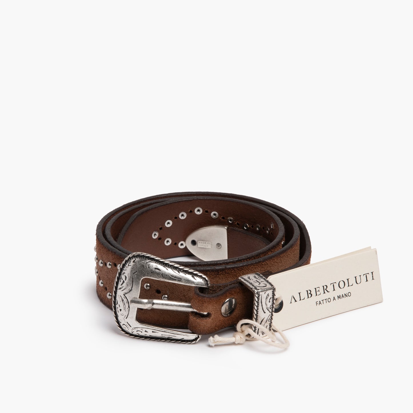 Cintura ALBERTO LUTI in Pelle Suede con Borchie e Pietra Turchese Marrone