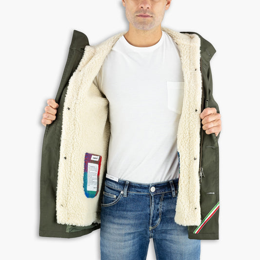 Giaccone Uomo L'ESKIMO Equipe 70 Mini in Tecno Gabardina Cod. EUO02 WR + Slavia Ecru Col. Verde Militare