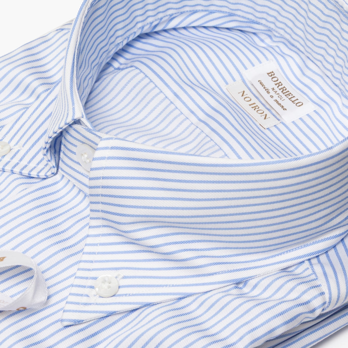 Camicia Uomo BORRIELLO Button Down Art. 22001/3 Collo Vomero in Cotone No Iron Righe Bianco-Azzurro