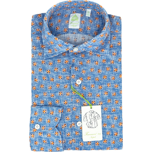Camicia FINAMORE Tokyo in Puro Lino Fantasia Fondo Azzurro