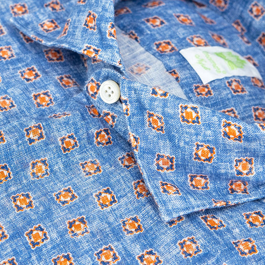 Camicia FINAMORE Tokyo in Puro Lino Fantasia Fondo Azzurro