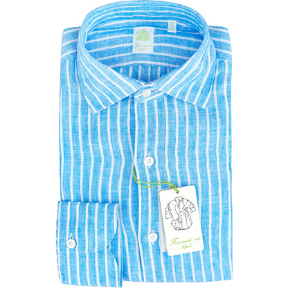 Camicia FINAMORE Tokyo in Puro Lino Riga Celeste Bianco