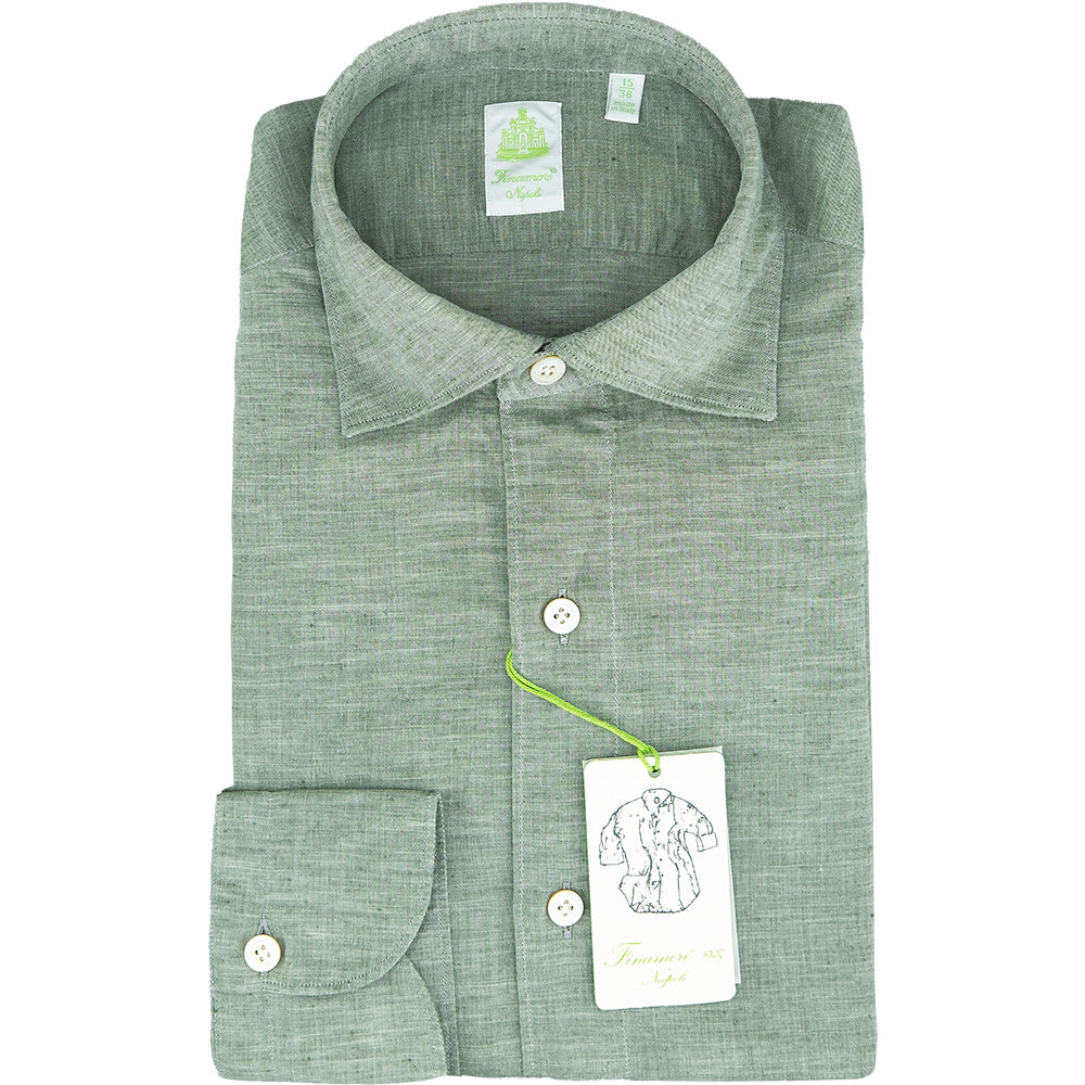 Camicia FINAMORE Tokyo in Lino e Cotone Verde Salvia