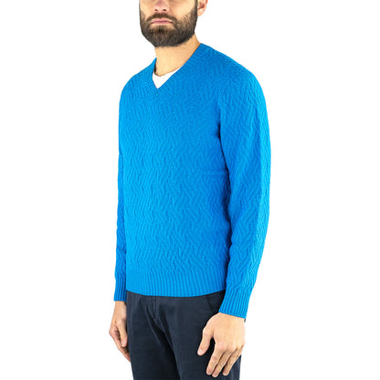Maglia DRUMOHR Collo V in Merino Extrafine Lavorazione Jacquard Azzurra